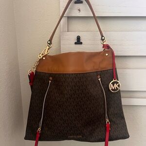 Michael Kors MK Lex Designer Hobo Bag in Brown Tan Red Crossbody Purse Tote
